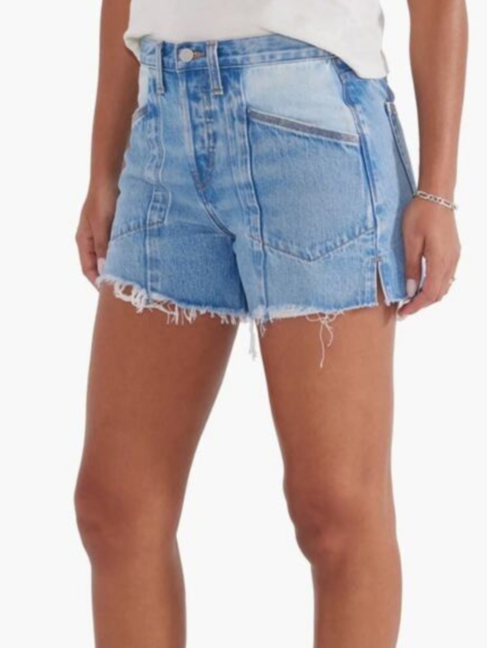 Etica denim blue patchwork shorts Denim Frayed Hem High-Rise Shorts 29 NWT